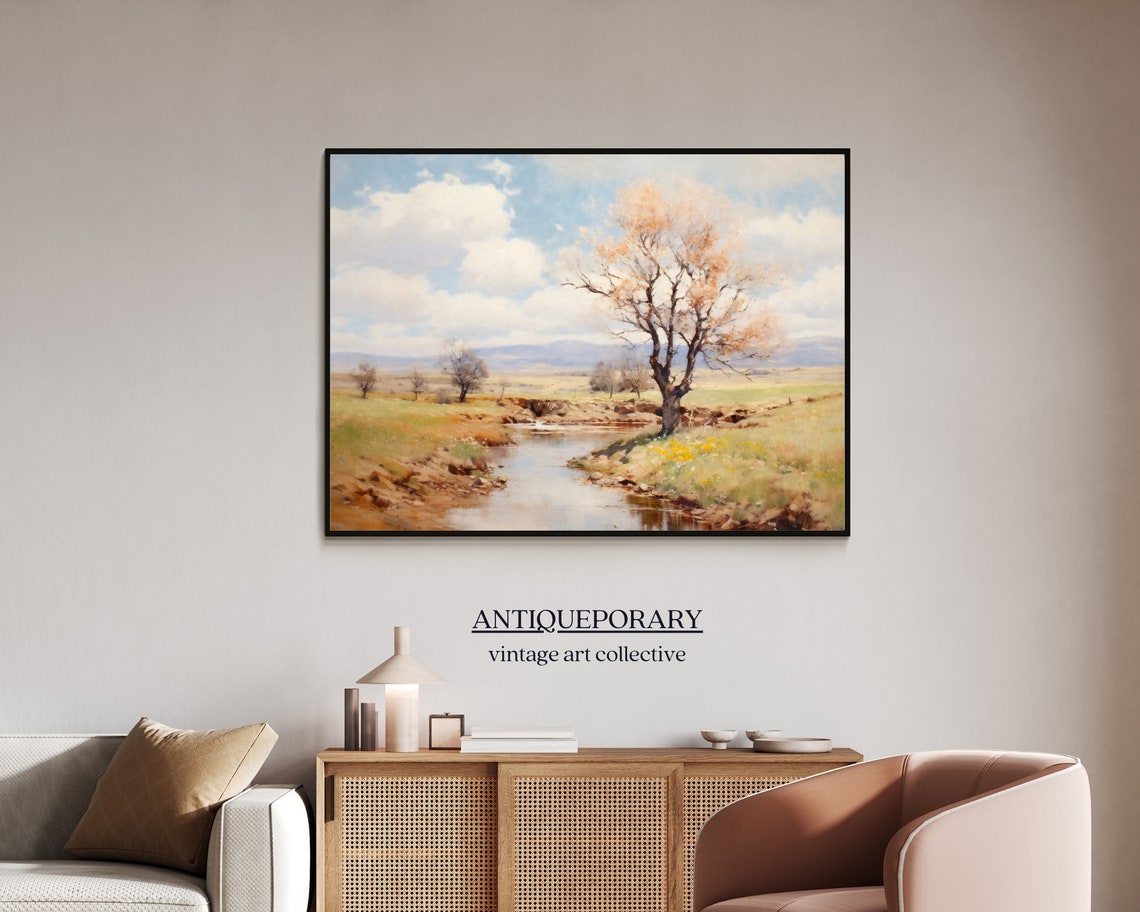 Spring River Meadow Landscape with Golden Tree Pastoral Oil Poster - Image 7