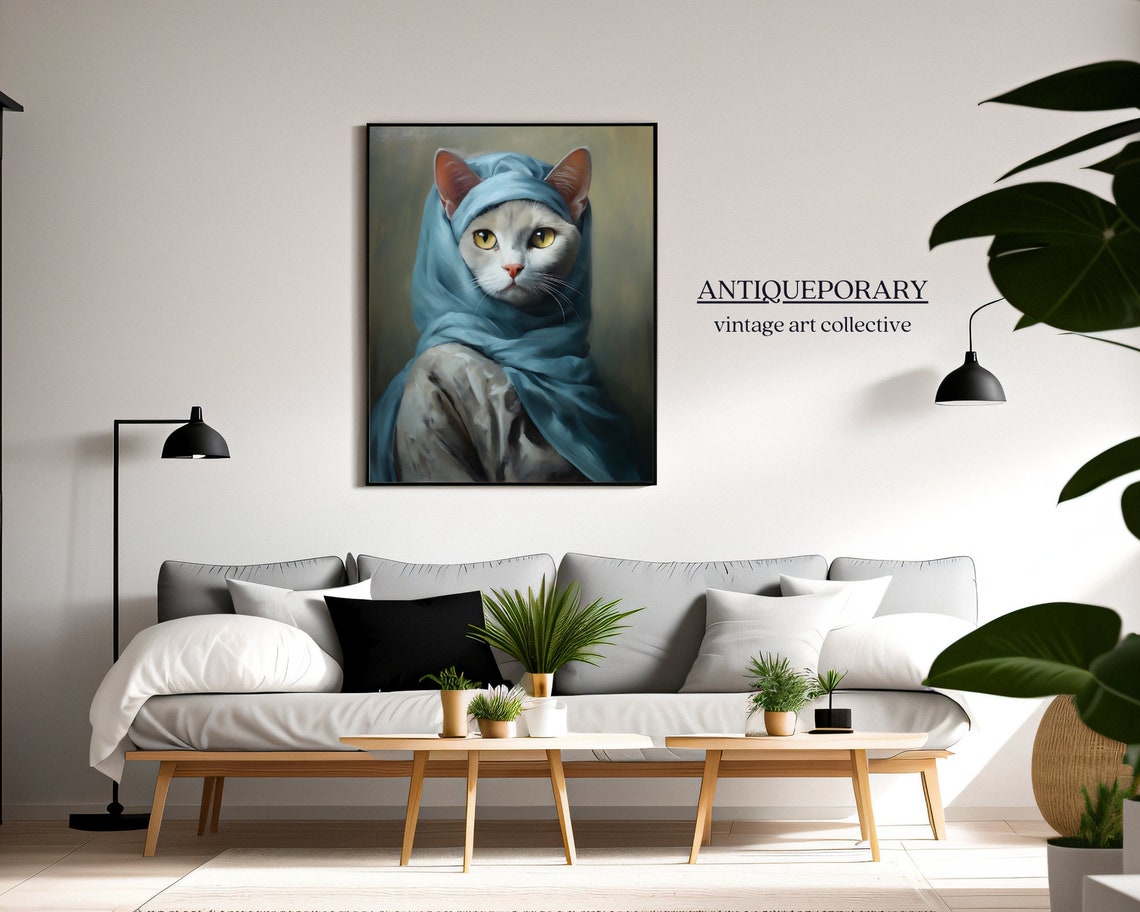 White Cat Blue Headscarf Victorian Lady Portrait Vintage Animal Poster - Image 3