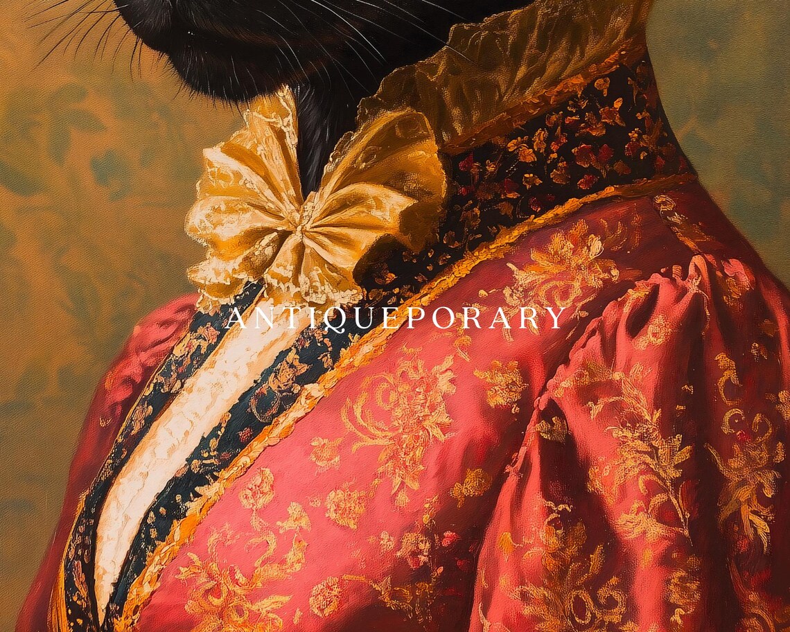 Black Cat Royal Lady Red Floral Gown Portrait Vintage Art Poster - Image 2