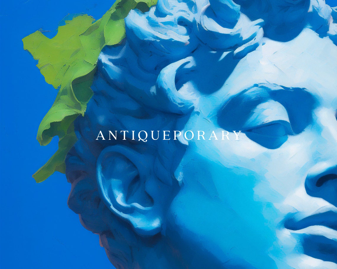 Blue Greek Bust Statue Laurel Leaves Vivid Blue Background Art Poster - Image 3
