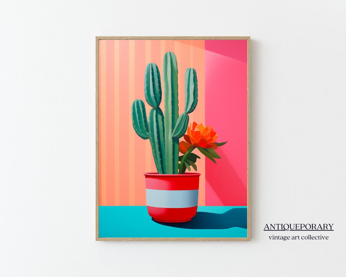 Tall Green Cactus Red Striped Pot Pink Pop Art Botanical Poster