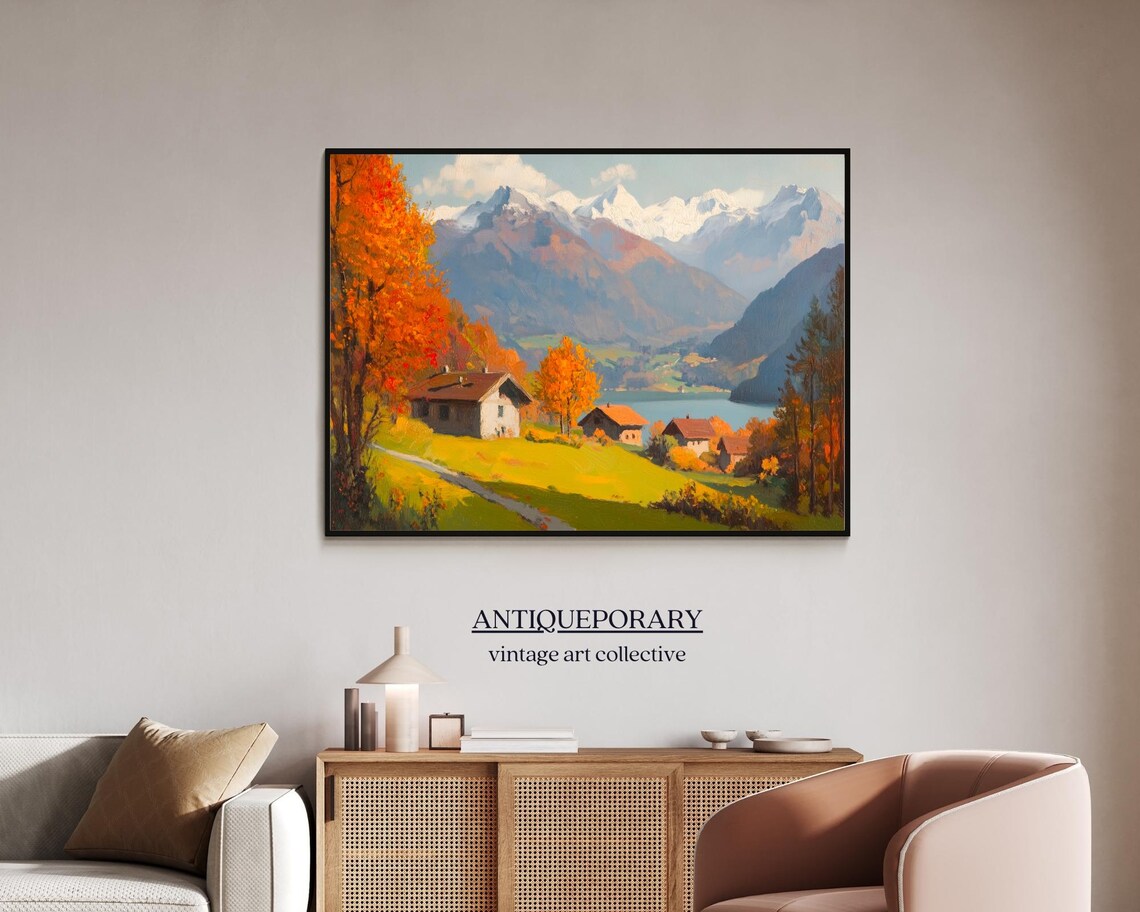 Alpine Village Snowy Mountain Lake Autumn Chalet Oil Painting Poster - Image 7