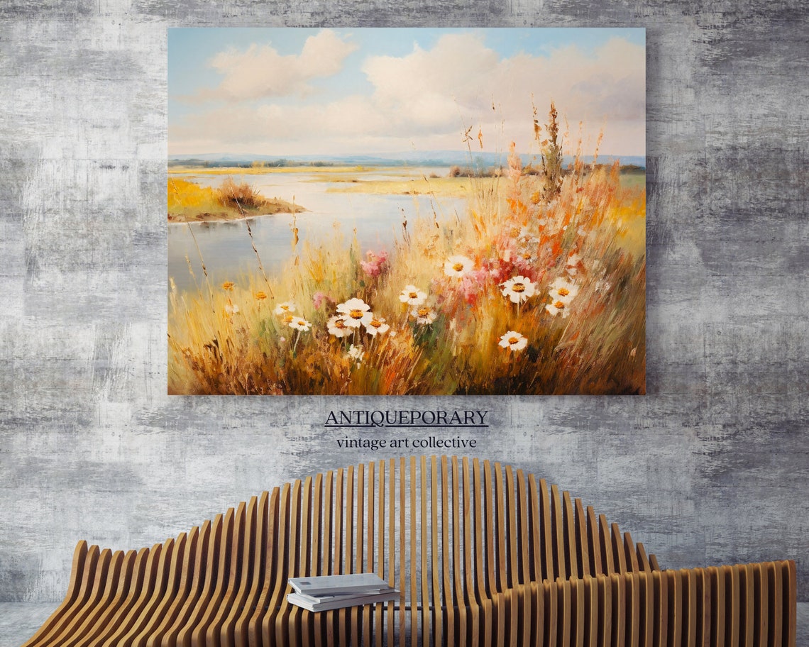 Sunlit Golden Wildflower Bank with Daisies by Calm Lake Poster - Image 7
