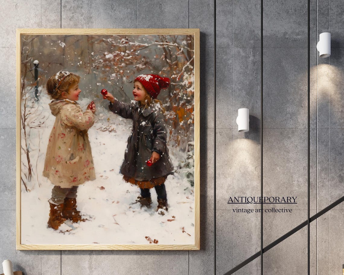 Two Girls Playing Together in the Snow Winter Nostalgia Scene Poster - Image 6
