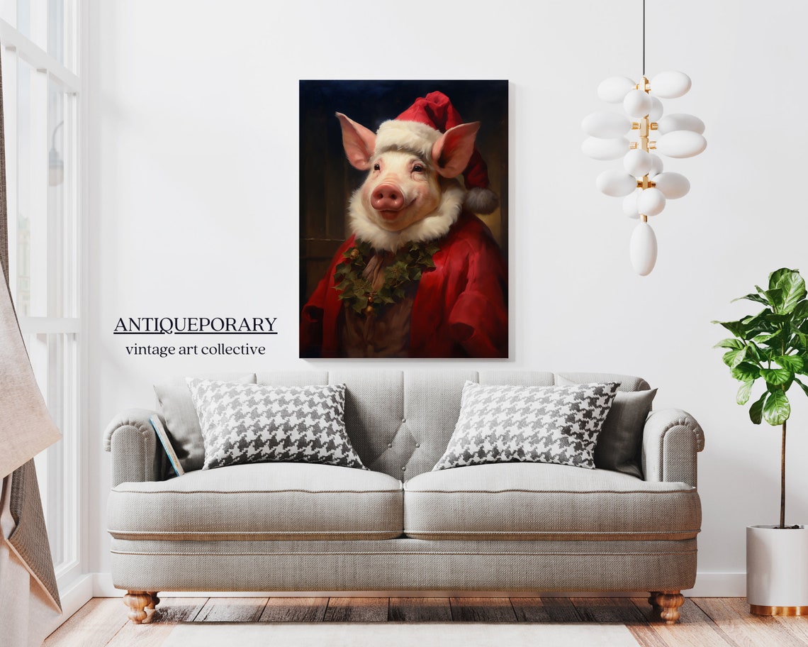 Smiling Pig Dressed as Santa with Holly Christmas Portrait Poster - Image 6