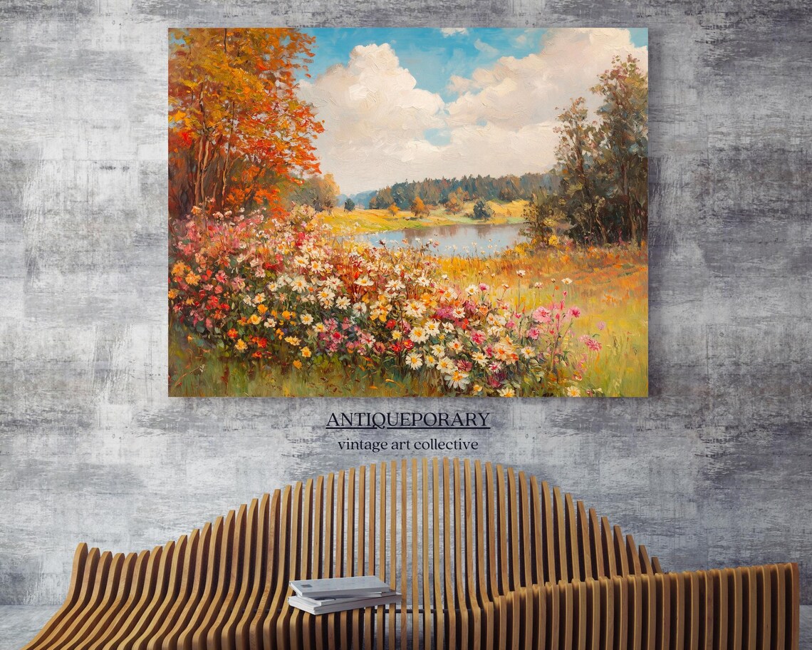 Autumn Wildflower Field Lakeside Fall Trees Impressionist Landscape Poster - Image 4
