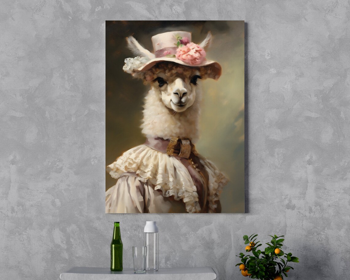 Charming Alpaca Lady Pink Floral Hat Oil Portrait Animal Art Poster - Image 3