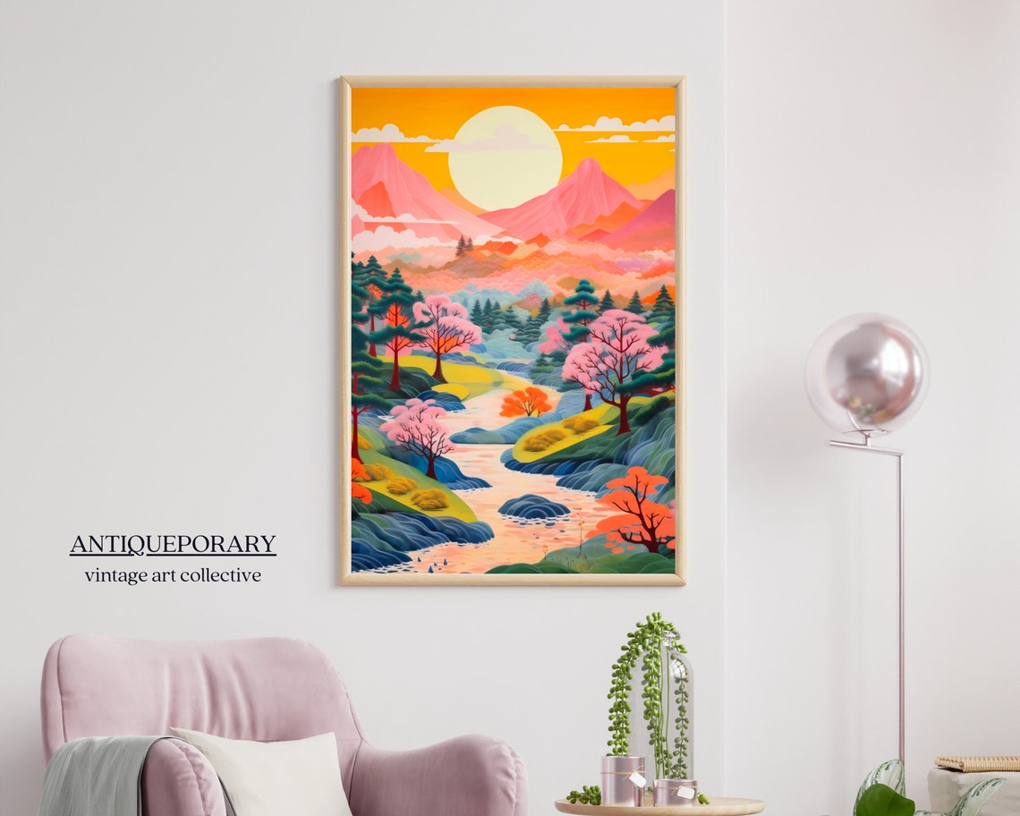Japanese Sunset Mountain Cherry Blossom River Landscape Poster - Image 5