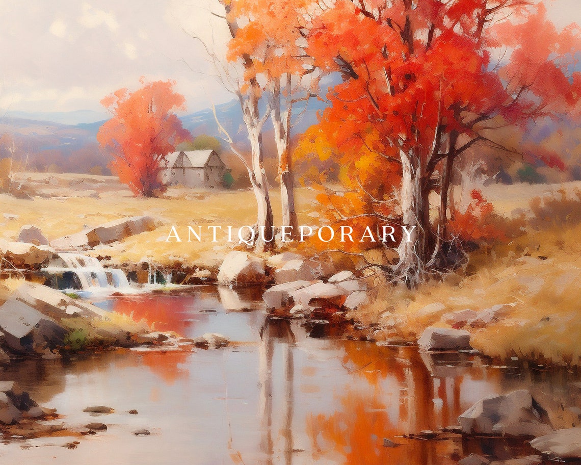 Autumn Creek Landscape with Red Trees Waterfall and Barn Poster - Image 2
