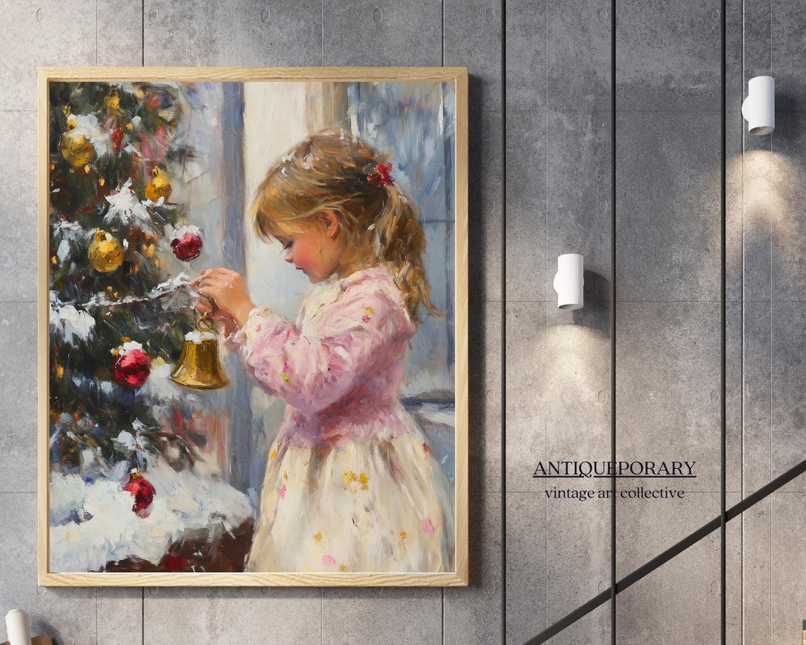 Little Girl Hanging a Golden Bell on a Snowy Christmas Tree Poster - Image 7