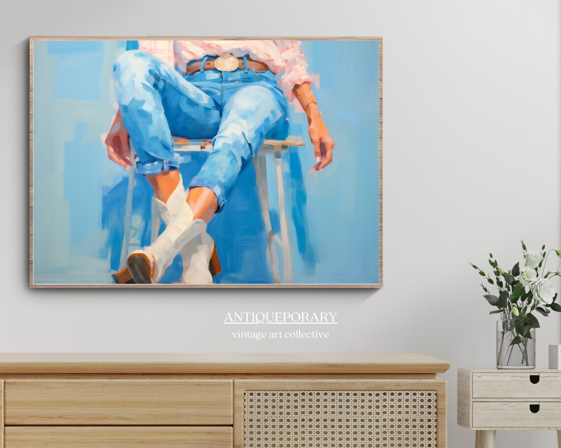 Woman in Blue Jeans and White Cowboy Boots Seated Modern Painting Poster - Image 6