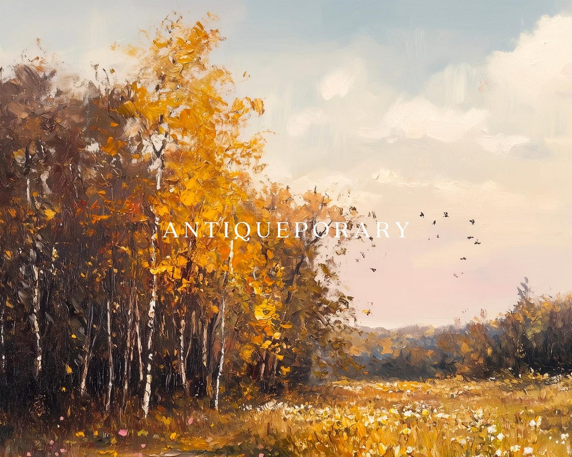 Autumn Wildflower Meadow Golden Trees Vintage Oil Painting Poster - Image 3