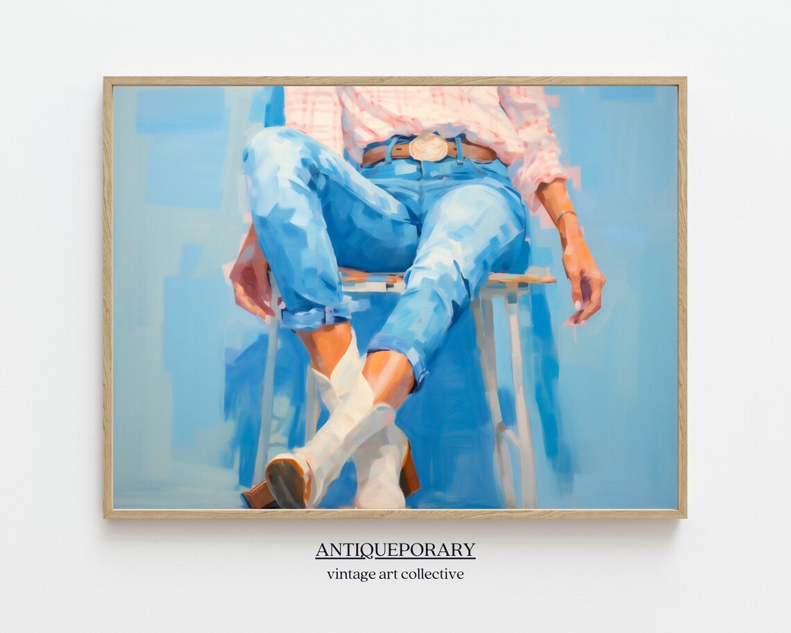 Woman in Blue Jeans and White Cowboy Boots Seated Modern Painting Poster