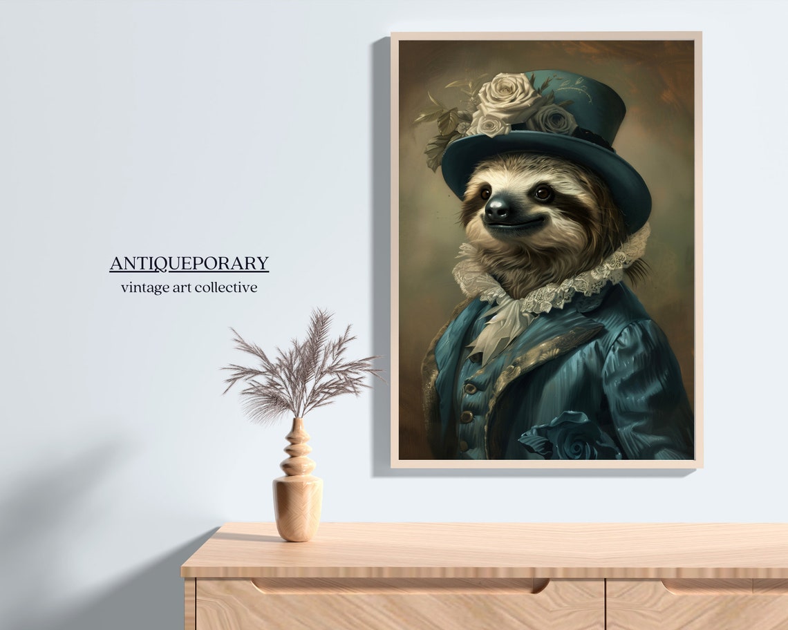Royal Sloth Blue Top Hat White Roses Victorian Portrait Poster - Image 5