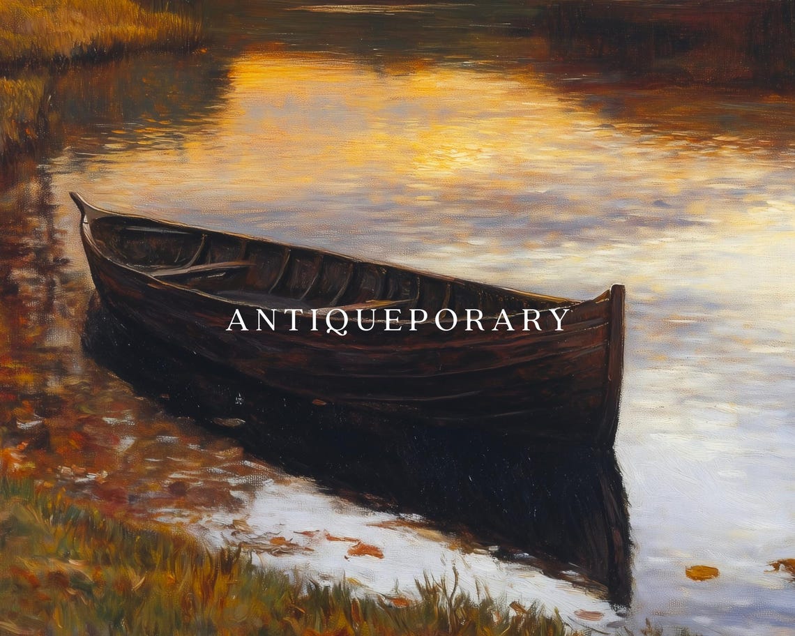 Autumn River Sunset Wooden Rowboat Vintage Landscape Art Poster - Image 2