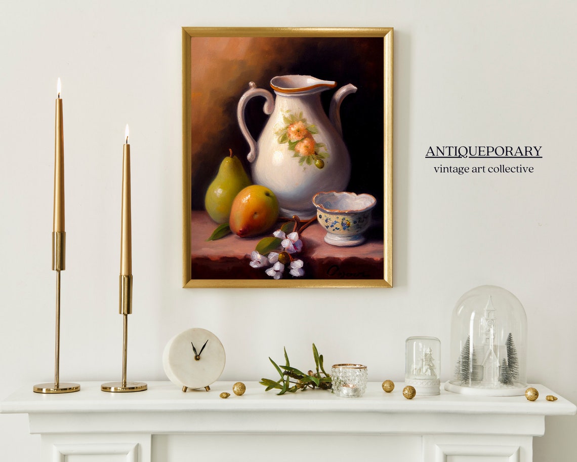 Moody Ceramic Pitcher with Pear Citrus Berries Still Life Print - Image 4