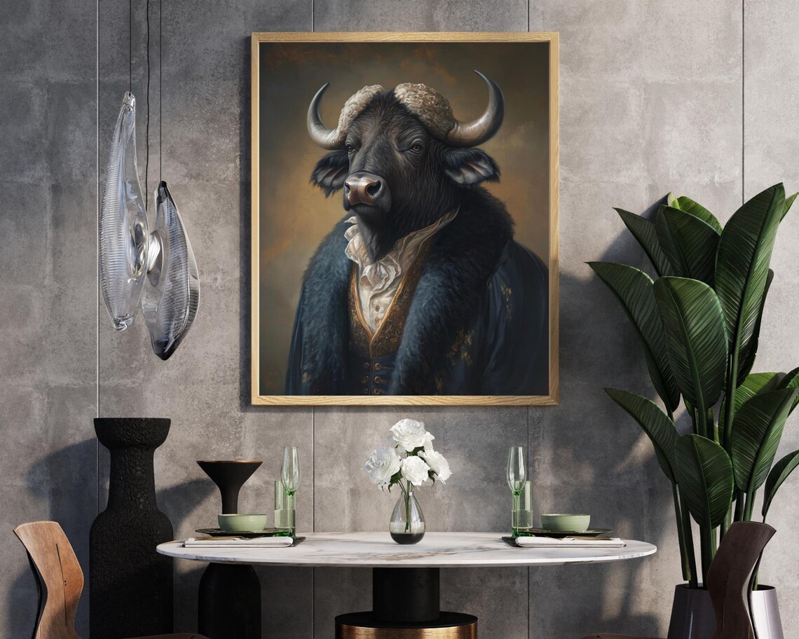 Majestic Buffalo in Navy Fur Coat Victorian Portrait Wall Art - Image 7