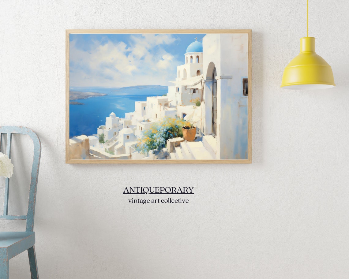 Santorini Art Painting Greek Old Town Cityscape Painting Mediterranean Landscape Neutral Vintage Oil Painting - Image 4