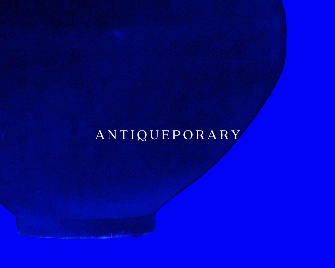 Cobalt Blue Ceramic Moon Jar Vase on Bold Blue Minimalist Art Poster - Image 2