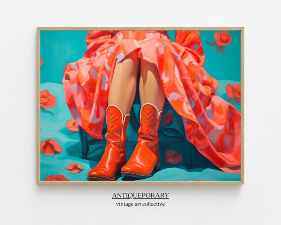 Red Cowboy Boots Painting Floral Dress Modern Fashion Art Poster