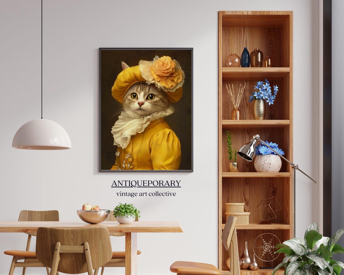 Golden Yellow Floral Hat Lady Cat Victorian Portrait Wall Art - Image 7