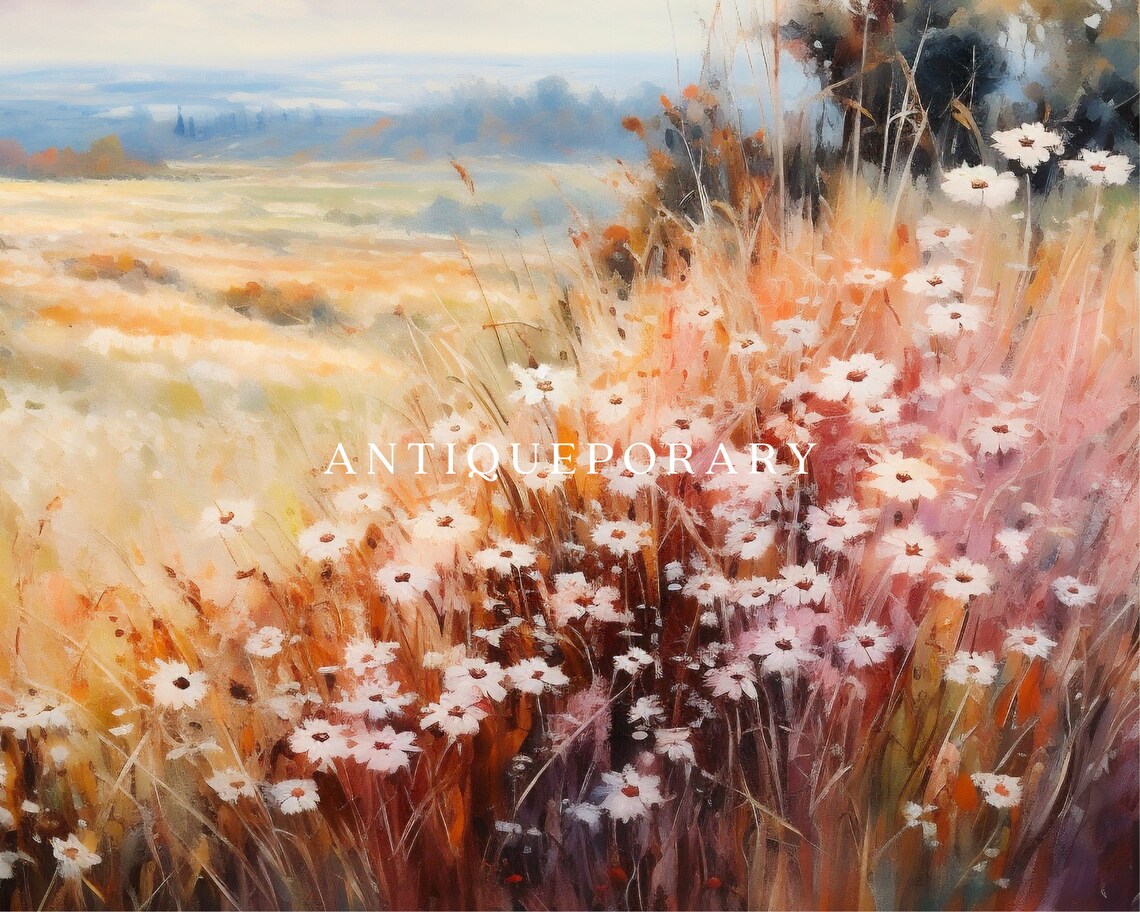 Wildflower Field Landscape Oil Painting Vintage Landscape Art Print Neutral Country Field Wall Art Rustic Farmhouse Decor Art - Image 2