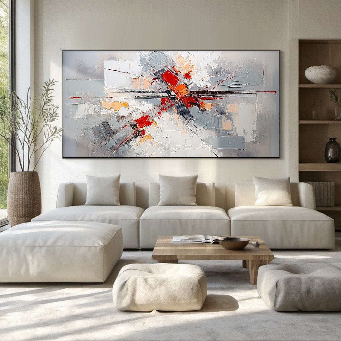 Grey White Red Abstract Burst Horizontal Panoramic Oil Painting Poster