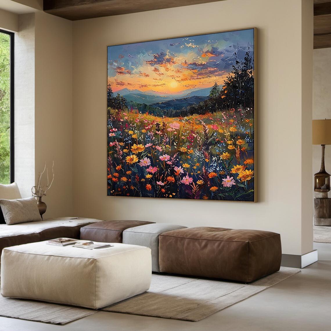 Sunset Wildflower Meadow Mountain Painting Colorful Floral Art Poster - Image 2