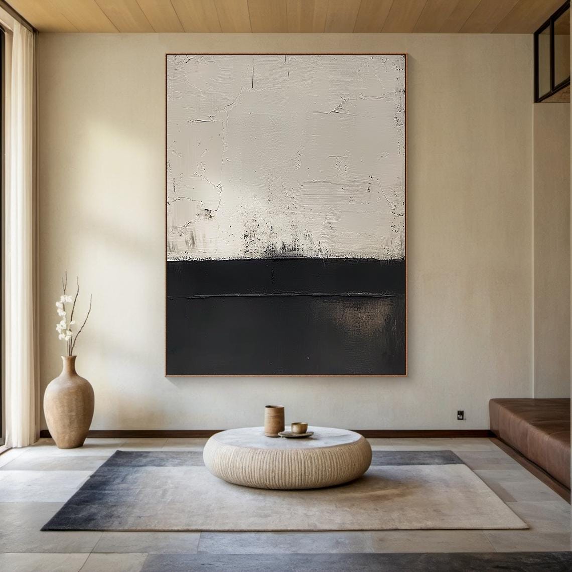 Black White Abstract Landscape Painting Textured Split Modern Wall Art