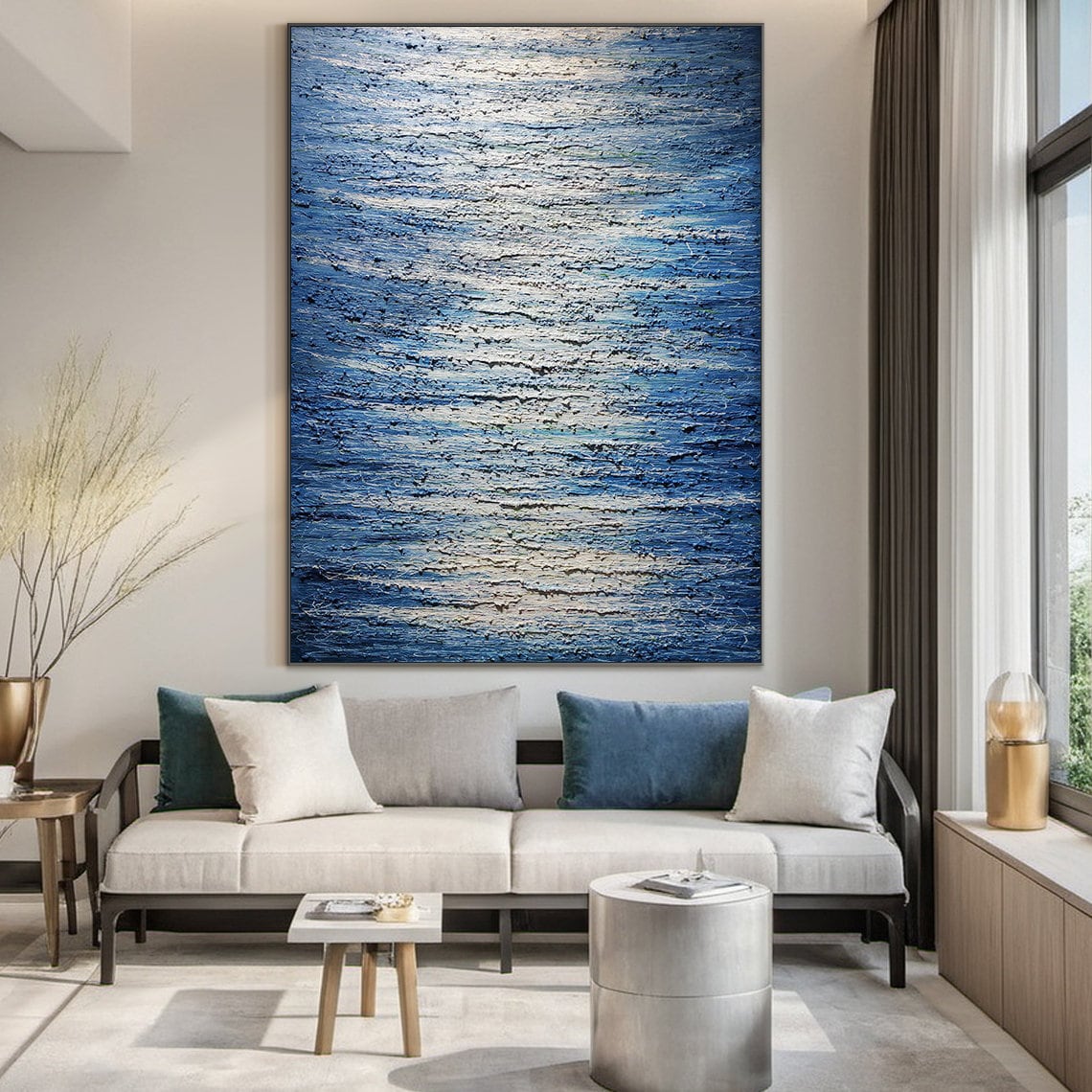 Large Blue Abstract Painting Blue Wabi Sabi Style Wall Art Blue Accents Textured Hand Painted Modern Art Wall Decor - Image 4