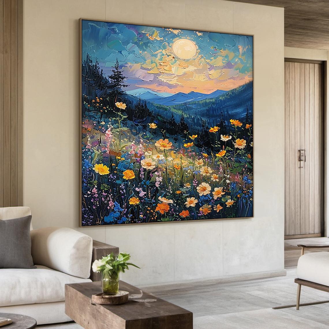 Sunlit Colorful Wildflower Meadow Blue Mountains Impasto Nature Poster - Image 2