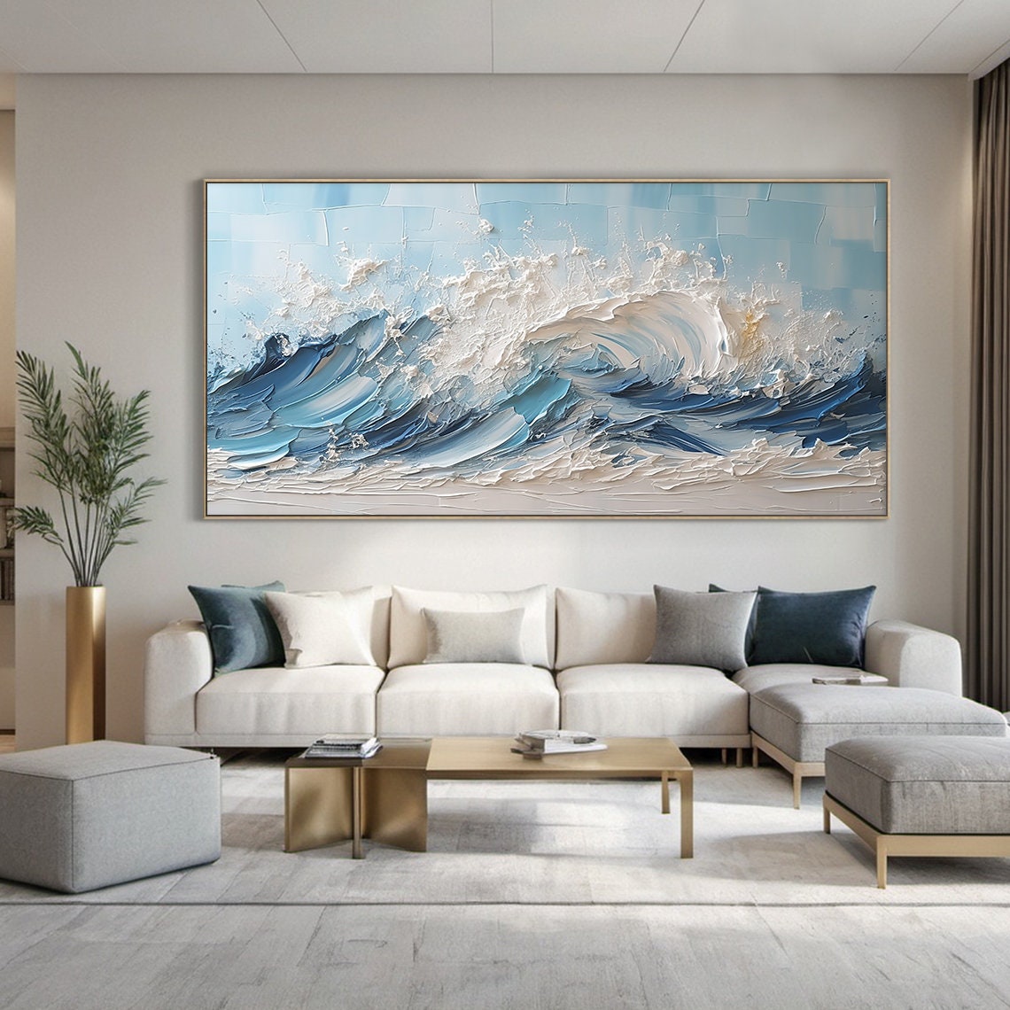 Crashing Blue Ocean Waves White Foam Impasto Abstract Art Poster