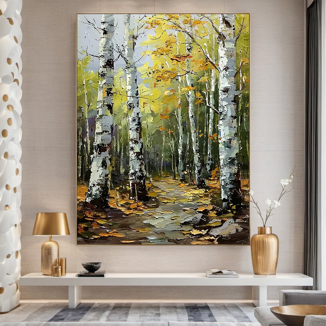 Yellow Green Birch Tree Abstract Painting On Modern Natural Living Room Decoration Woods Deciduous Landscape Handmade Painting - Image 4