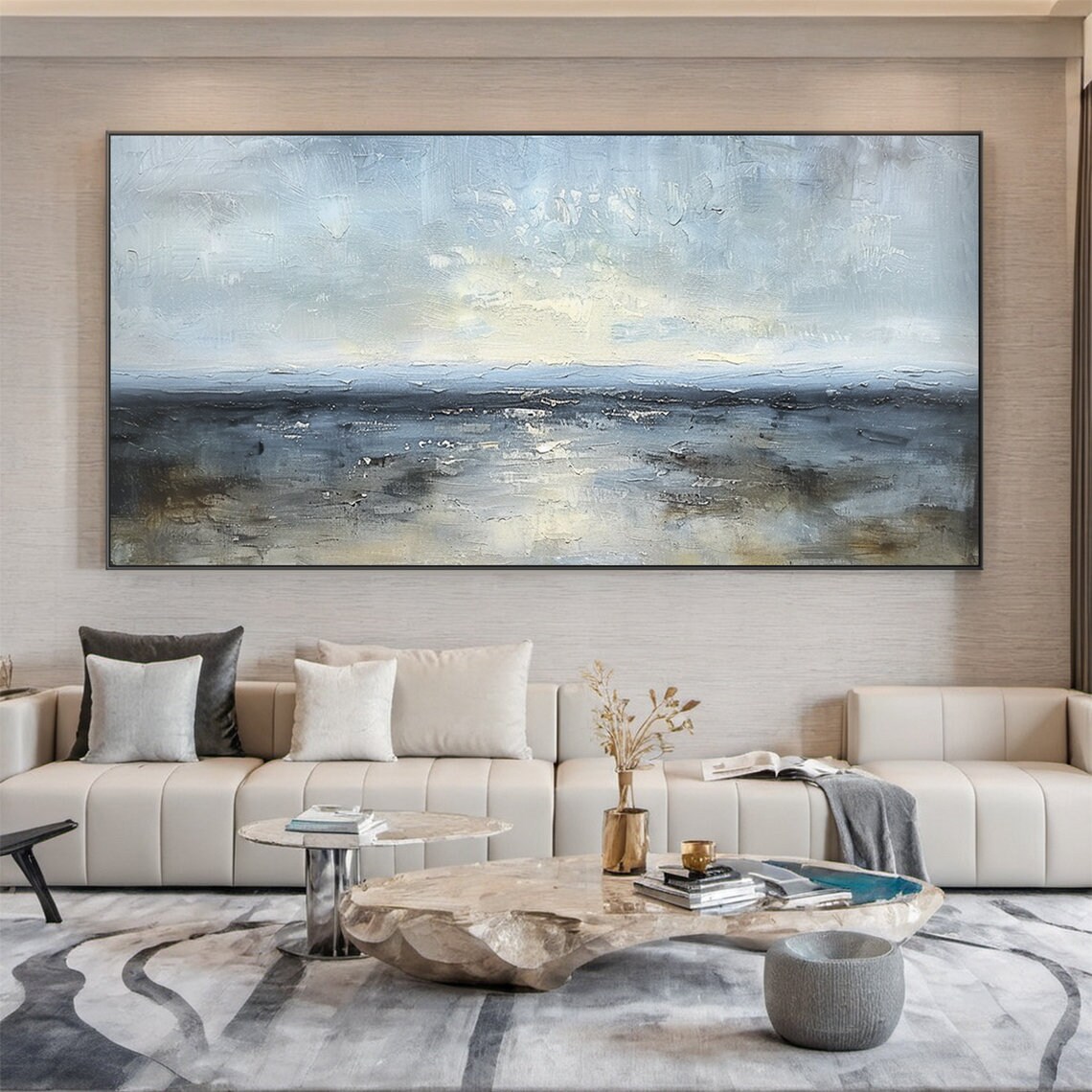 Grey Blue Misty Seascape Horizon Moody Minimalist Ocean Poster - Image 2