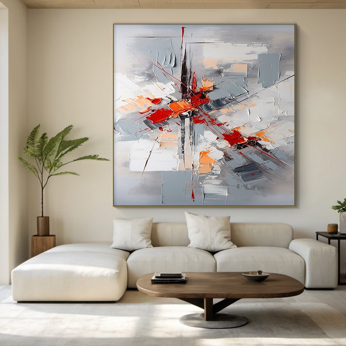 Grey White Red Abstract Burst Horizontal Panoramic Oil Painting Poster - Image 3