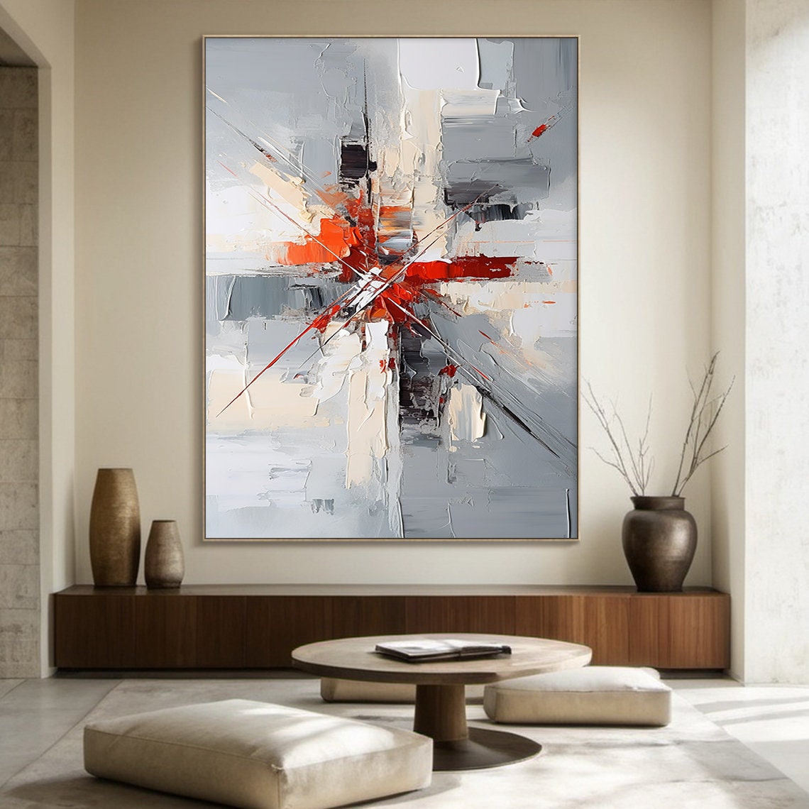 Grey White Red Abstract Burst Oil Painting Square Modern Wall Poster - Image 6