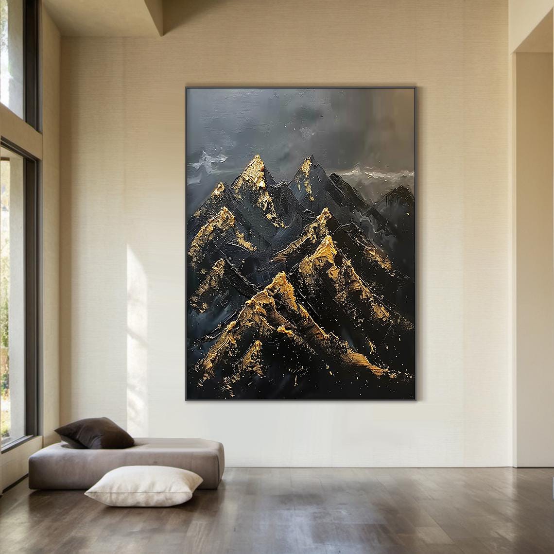 Large Black Abstract Mountains Oil Painting Gold Texture Painting Mountains Sunrise Landscape Painting Modern Nature Wall Decor - Image 3