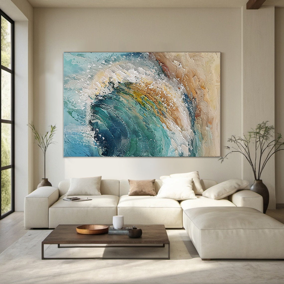 Teal Ocean Wave Painting Gold Sand Impasto Abstract Textured Wall Art - Image 4