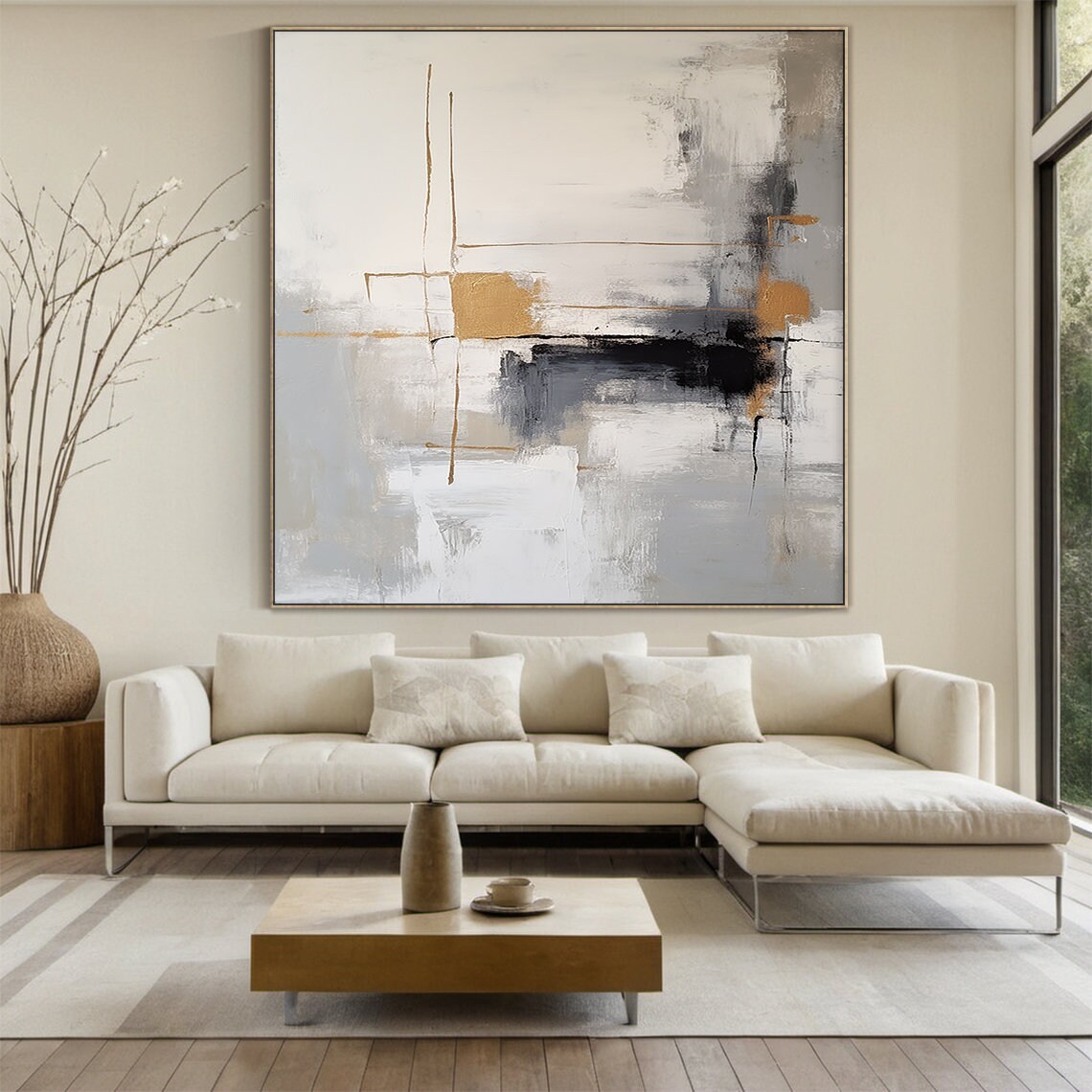 Abstract Painting On Grey And White Gray And White Minimalist Wall Art Large Black And Brown Textured Hand Painting Home Decor - Image 4