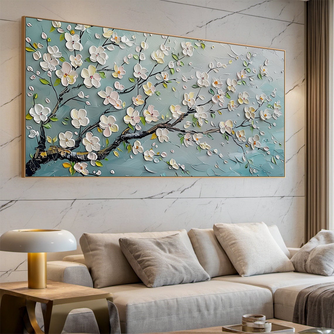 White Blossom Tree Panoramic Oil Painting Blue Grey Background Poster - Image 5