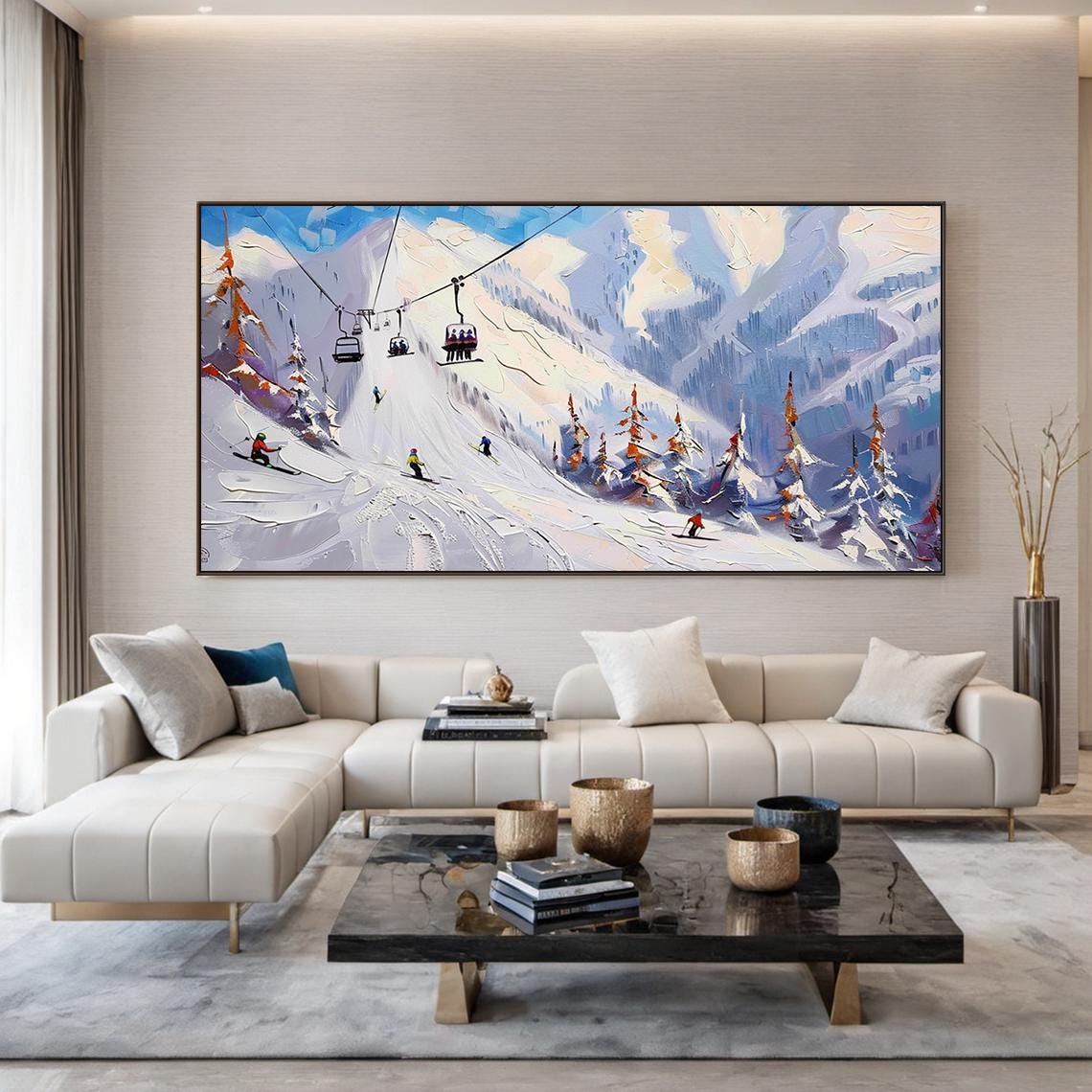 Original 3d Ski Sport Art Plaster Style Textured Wall Art Gift For Skiers White Skis And Cable Car Painting Modern Skier Painting - Image 3