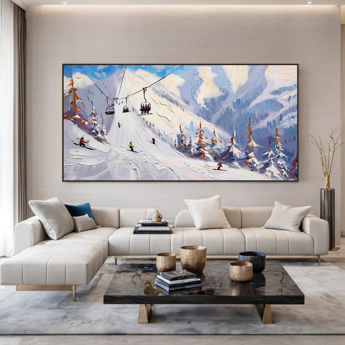 Ski Resort Chairlift Snowy Slopes Oil Painting Winter Sports Poster - Image 3
