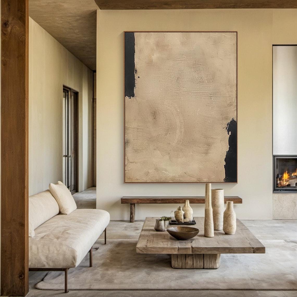 Sandy Beige Minimalist Abstract Painting Black Accent Modern Wall Art