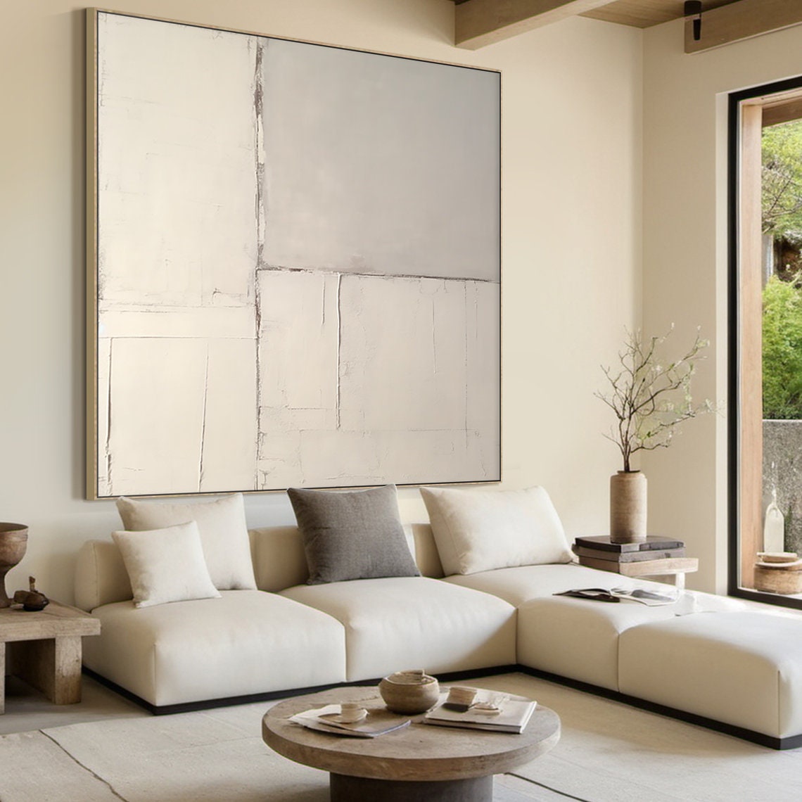Warm Beige Minimalist Plaster Abstract Subtle Grid Lines Calm Wall Art - Image 2