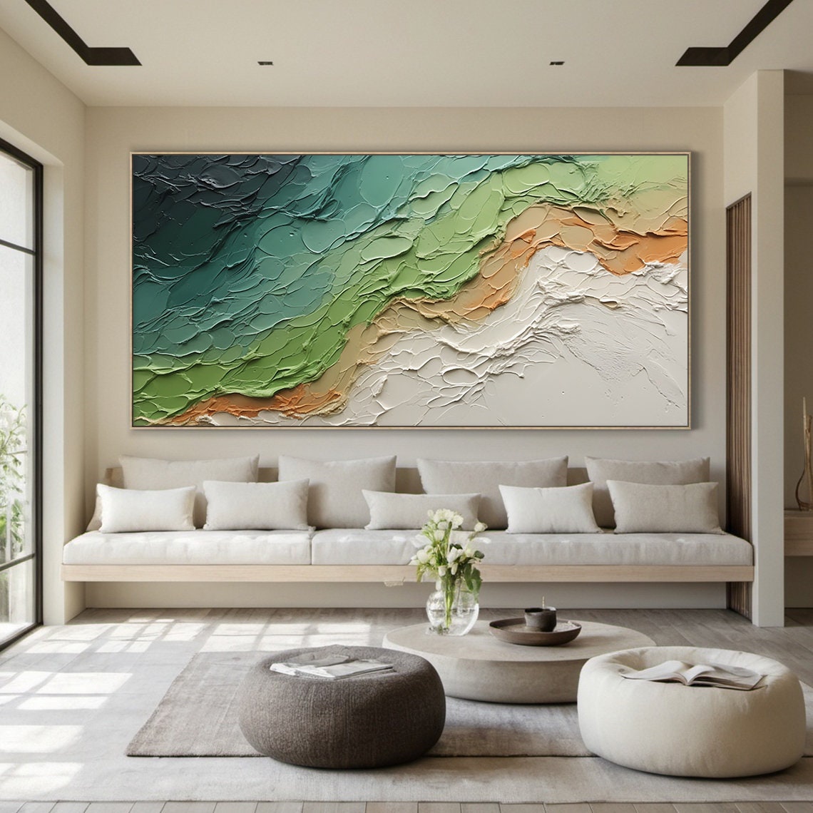 Green Teal Orange White Textured Wave Abstract Ocean Painting Wall Art - Image 6