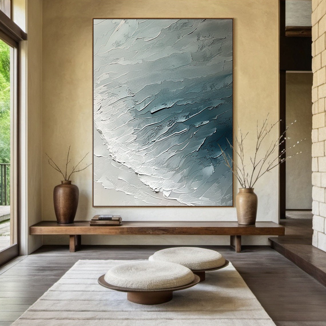 White Blue Wave Abstract Minimalist Textured Sculptural Art Poster - Image 4