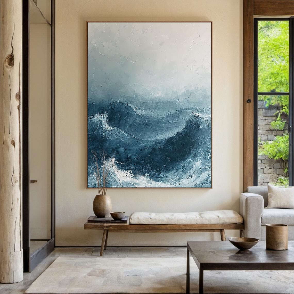Abstract Blue Sea Waves Art Print, Modern Coastal