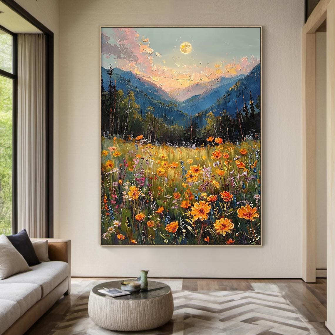 Wildflower Meadow Mountain Landscape Painting Sunset Floral Art Poster