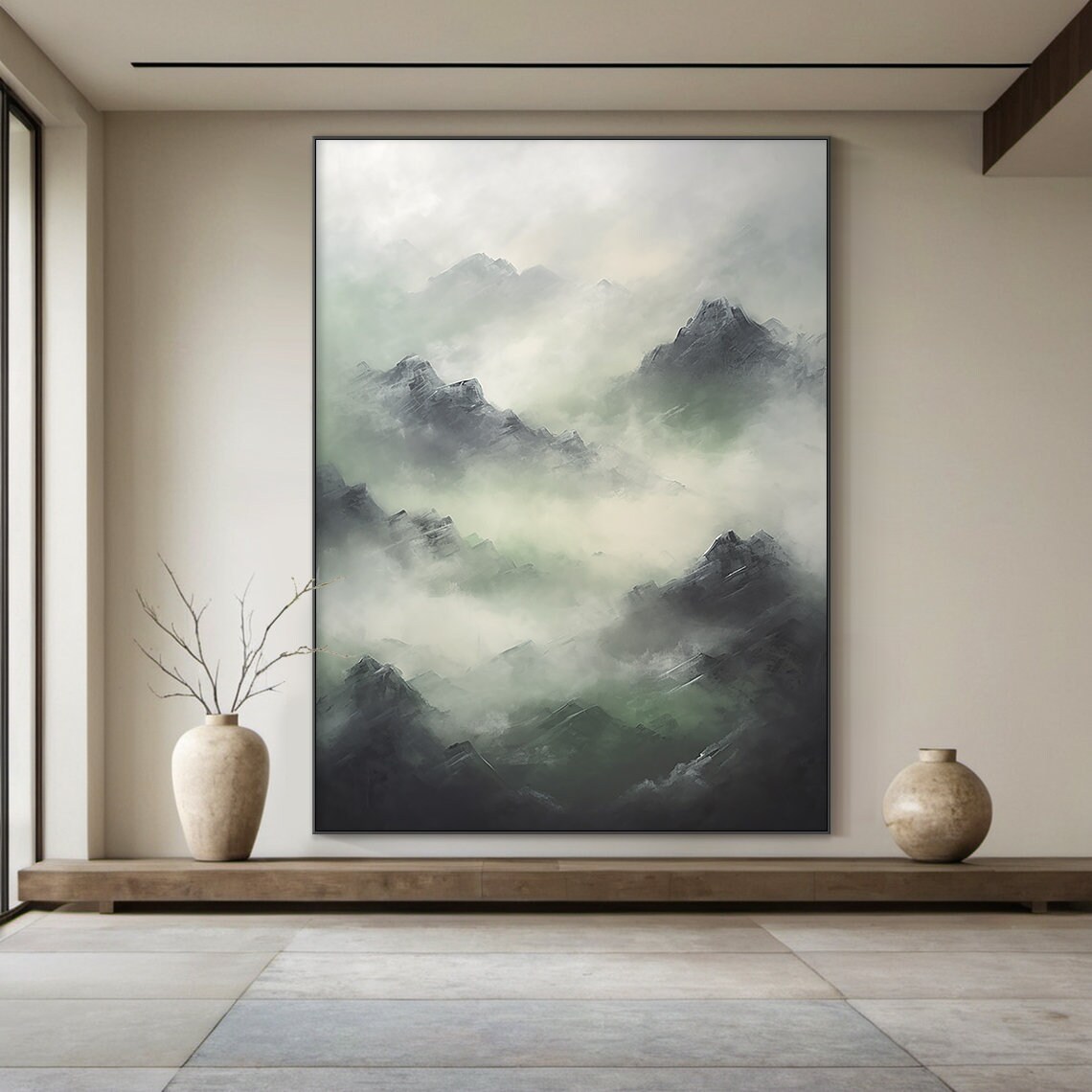 Misty Green Grey Mountain Peaks Fog Abstract Serene Nature Wall Art - Image 2