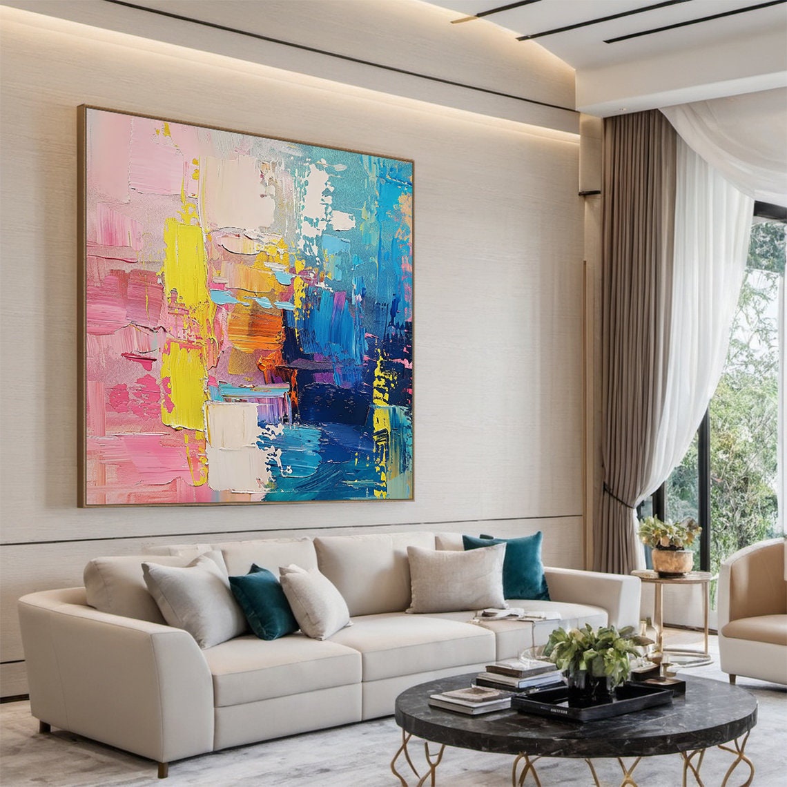 Pink Blue Yellow Bold Impasto Abstract Colorful Modern Art Poster - Image 6